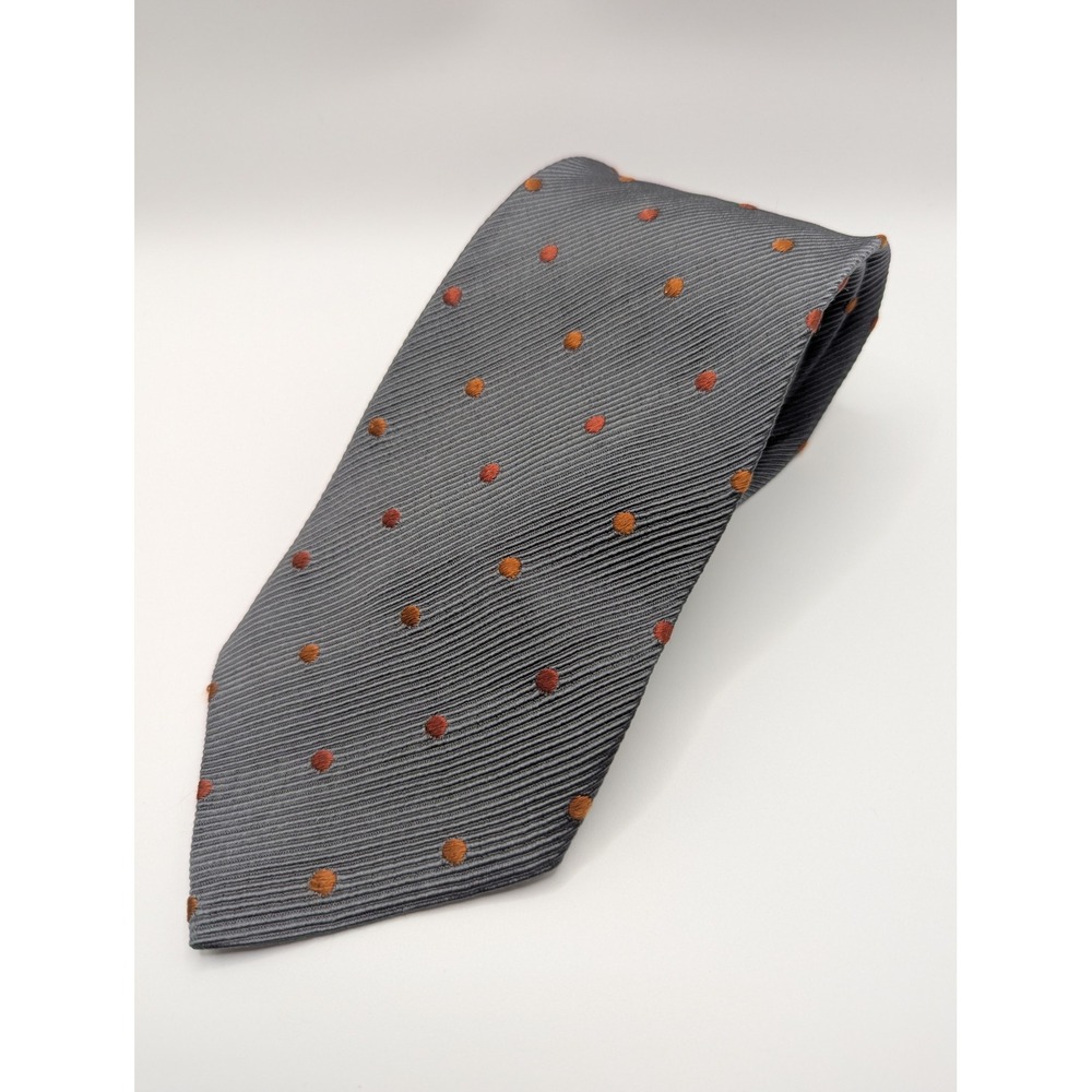 Ermenegildo Zegna Tie Mens OS Grey Orange Polka Dot Silk Ribbed Italy Classic